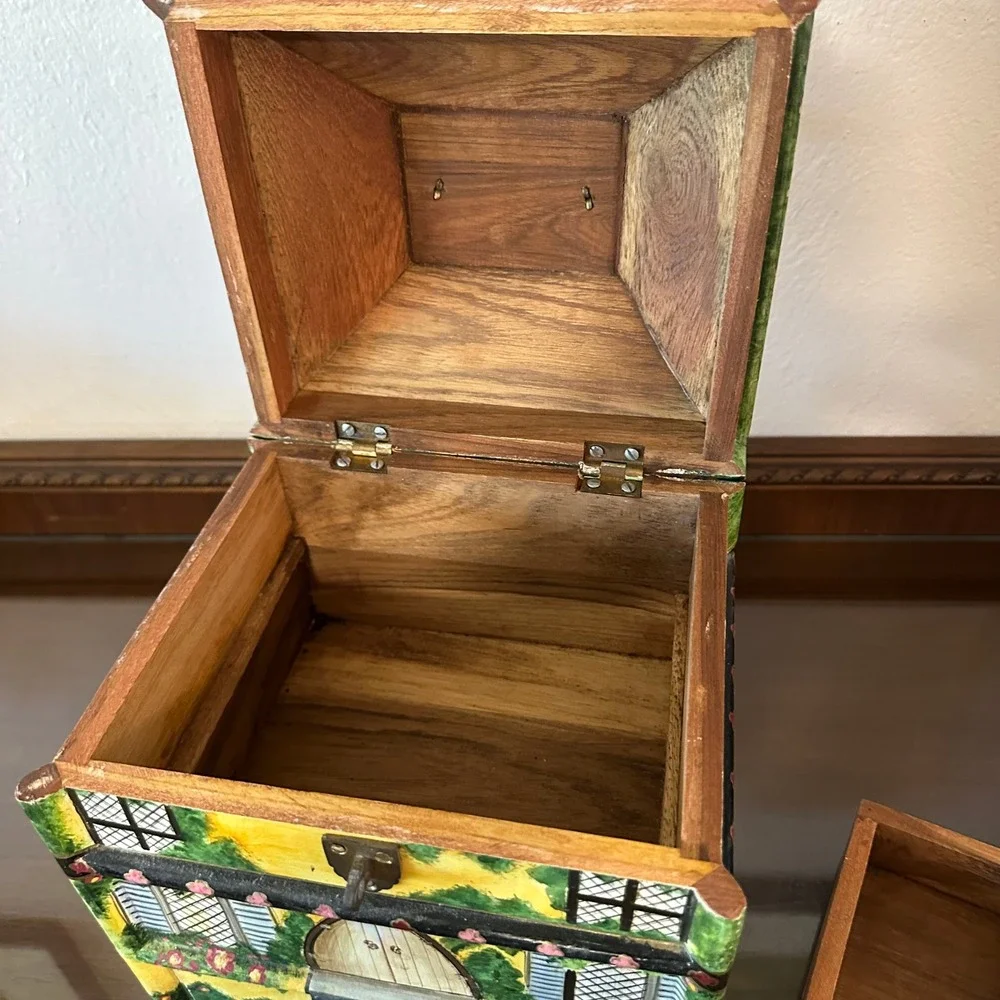 Vtg Foreside Hand Painted Wood Cottage Jewelry Box House 2 Drawer India